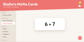 Screenshot of Shalim's Maths Cards flashcard app showing the multiplication 6 × 7