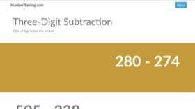 Screenshot of NumberTraining.com showing a three-digit subtraction question: 280 - 274